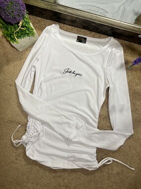 White Long Sleeve Tee with Side Drawstrings - Just For You